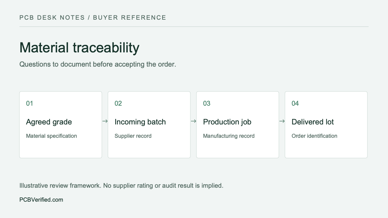Material traceability: Agreed grade, Incoming batch, Production job, Delivered lot.